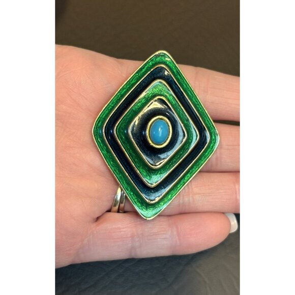 Vintage FLORENZA Blue & Green Enamel Gold Tone Brooch Geometric Modernist - Picture 6 of 8
